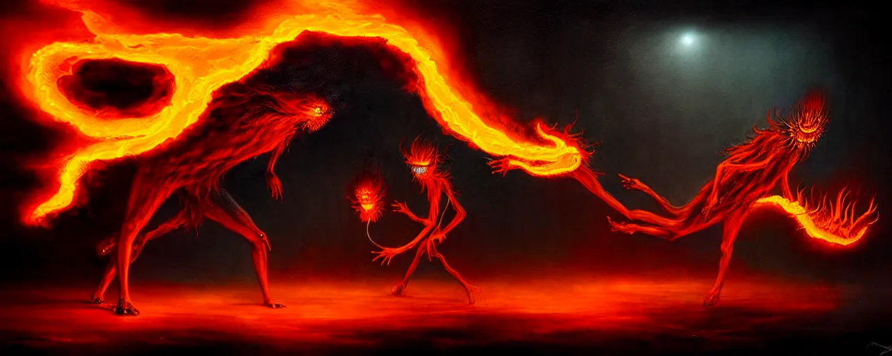 Image similar to strange fiery alchemical creatures, surreal dark uncanny painting by ronny khalil