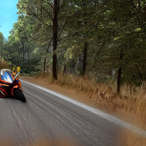 Prompt: new aesthetic and fast motorcycle. Flaming roads. photo realistic. high details. race. hyper realistic