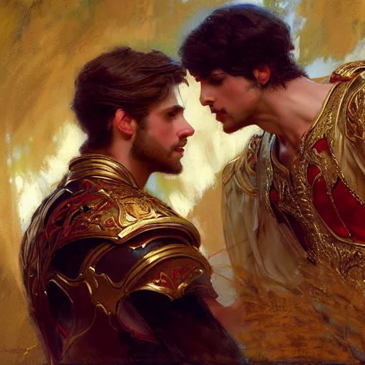 Image similar to attractive fully clothed king confesses his love for his attractive fully clothed male prince. highly detailed painting by gaston bussiere, craig mullins, j. c. leyendecker 8 k