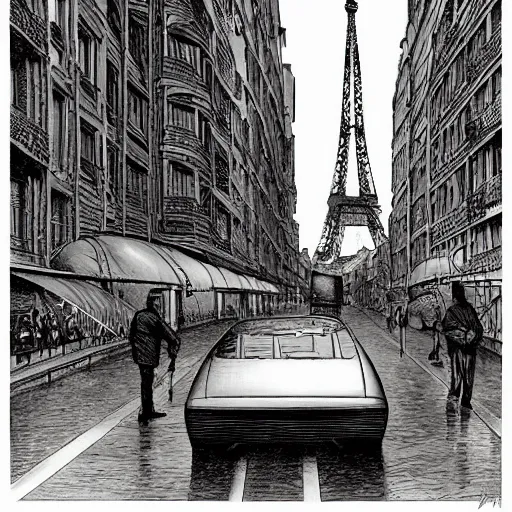 Image similar to a tall man standing next to a huge car, paris street view, city in the background, people walking in the distance, reflections on wet streets, dieselpunk style, steampunk, art by jean giraud and juan gimenez ; architecture by francois schuiten, beautiful illustration, drawing, painting, clean lines, digital art, symmetric, colorful retrofutur, artstation