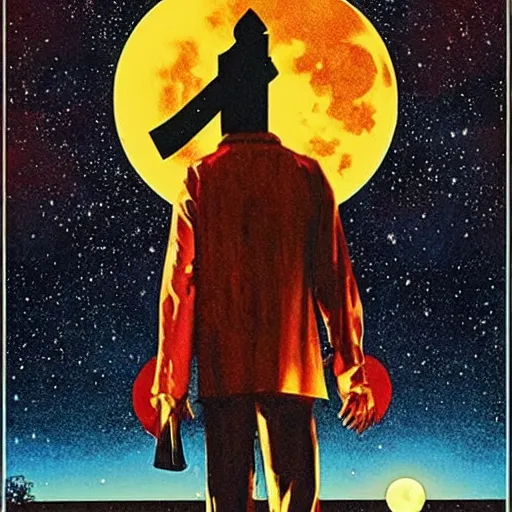 Prompt: movie poster of menacing figure with a cleaver standing in the middle of a road, night, large moon in the sky, by drew struzan