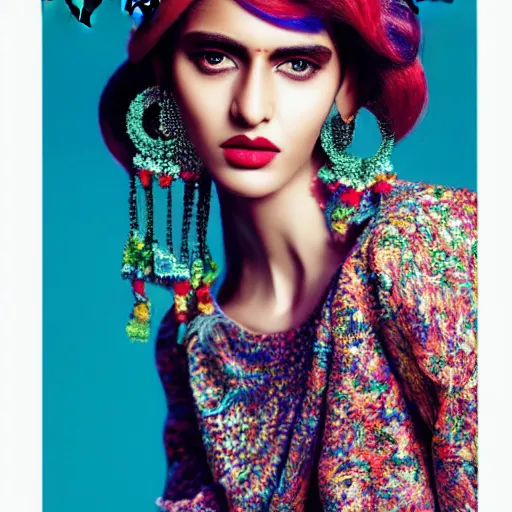 Image similar to colorful portrait photograph of a Pakistani model, editorial story, Vogue France, editorial photographer by Peter Gehrke