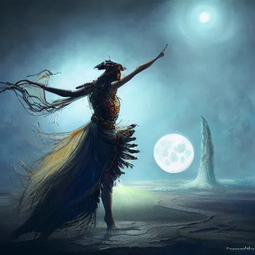 Image similar to a shaman dancing with light, highly detailed moon fills the background, by Raymond Swanland