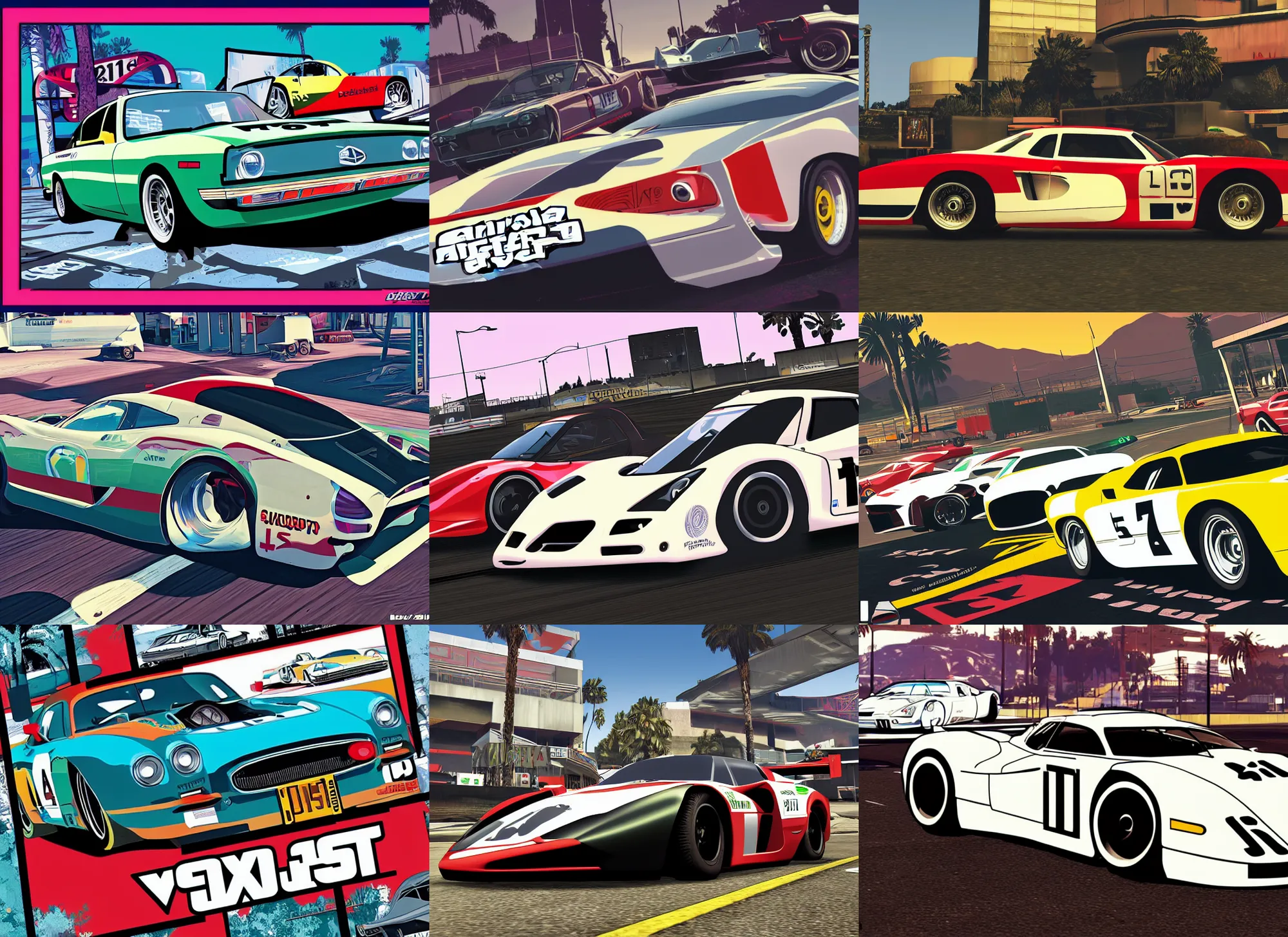 Prompt: boxart, gta 5, cell shaded, flat color, beautiful retro sci - fi race car