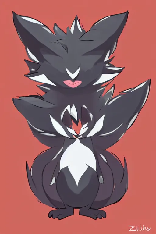 Image similar to zorua pokemon, stylised fox - like appearance, black and auburn colour pallet, illusory trickster, thick furry neck and chest fluff, stylised 🖌 - like hair, pokemon concept art with multiple angles, super detailed, clean lines, digital art