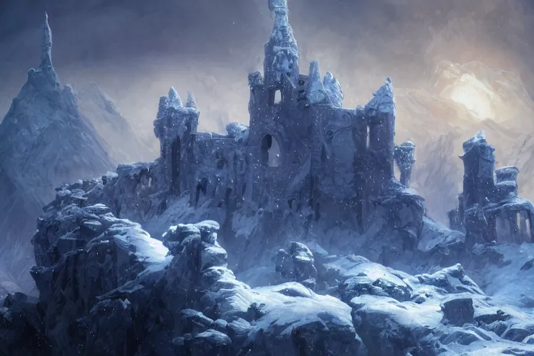 Image similar to single fantasy castle in foreground on a rocky outcrop, highly detailed, icy windswept world with deep blue colours over white, snowdrifts and icicles, illustrated by Greg Rutkowski and Gaston Bussiere, 35mm lens, beautiful macro close-up imagery, moody lighting, beautiful volumetric-lighting-style atmosphere