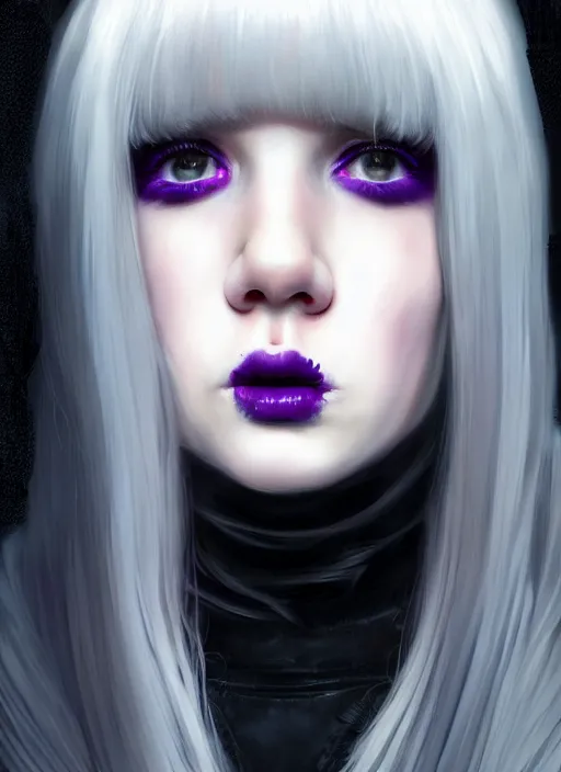 Image similar to portrait of white teenage girl, normal face, white bangs, mall goth, cyberlox, black and white hair, bangs, fluffy bangs, red contact lenses, purple lipstick, intricate, elegant, highly detailed, digital painting, artstation, concept art, sharp focus, smooth, illustration, art by wlop, mars ravelo and greg rutkowski