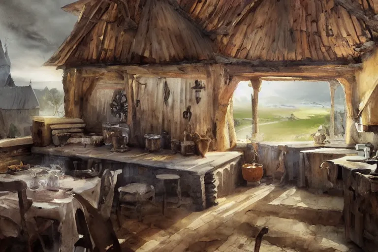Image similar to paint brush strokes, abstract watercolor painting of rustic village fortress kitchen, interior closeup, medieval straw roof, scandinavian viking age, fog, ambient lighting, art by hans dahl, by jesper ejsing, art by anders zorn, wonderful masterpiece by greg rutkowski, cinematic light, american romanticism by greg manchess, creation by tyler edlin