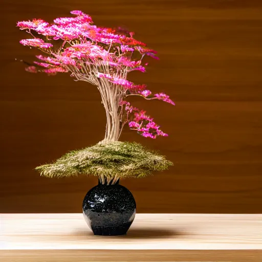 Prompt: a photo of 8k Ikebana, ikenobo, ohararyu, sougetsu, wide angle, full body, sony a7r3, ultra detail, photorealistic, in simple background