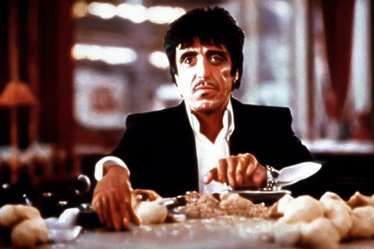 Image similar to tony montana from movie scarface 1 9 8 3 sitting at a table with big packages of flour. next to the night window. al pacino. perfect symmetric face, coherent eyes, medium shot, fine details, 4 k, cinestill, ron cobb