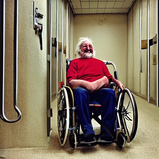 Image similar to laughing joyful robert wyatt sitting in his wheelchair locked in a small cell in prison, photograph, 4 k