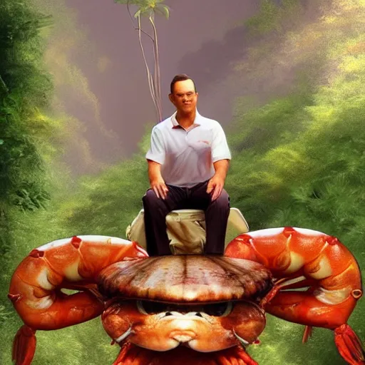 Image similar to Tom Hanks as forrest gump sitting on a giant shrimp in the jungle, realistic digital painting, in the style of Raphael Lacoste, photoreailstic, realistic face, amazing detail, sharp