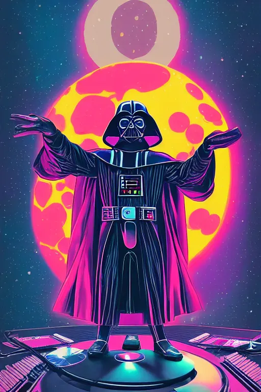 Prompt: the most amazing dream of disc jockey darth vader astronaut rave, syd mead, dan mumford, moebius, hd, vibrant color, high contrast, digital illustration