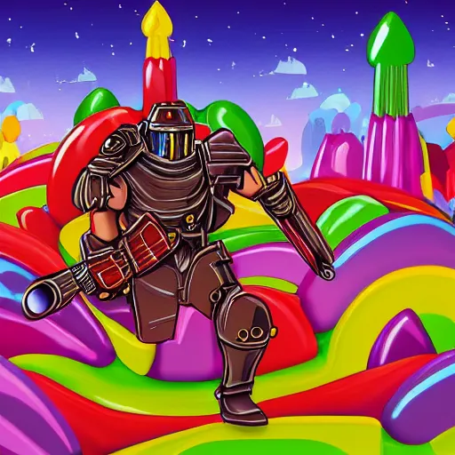 Prompt: the Doomslayer's adventure in Candy Land, 4k, rounded shapes, digital art