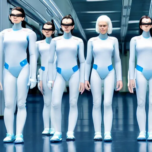 Image similar to line of six identical athletic female clones in formation, white hair, tight light blue neopren suits, elevated conveyor belt, futuristic chemistry lab, sci - fi, highly detailed, cinematic