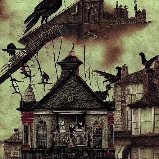 Image similar to a clown on the roof of the church playing with crows, by android jones and m. c. escher collaboration, futurist, digital art, dramatic lighting, symbolic