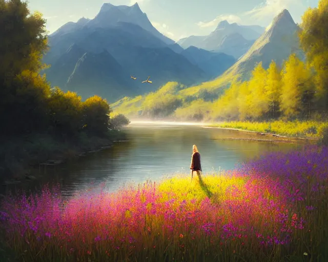 Prompt: beautiful painting of an perfect flower in a meadow in a river landscape in front of a mountaineous background, sunny day, blue sky, digital painting, ambitious lights, greg rutkowski