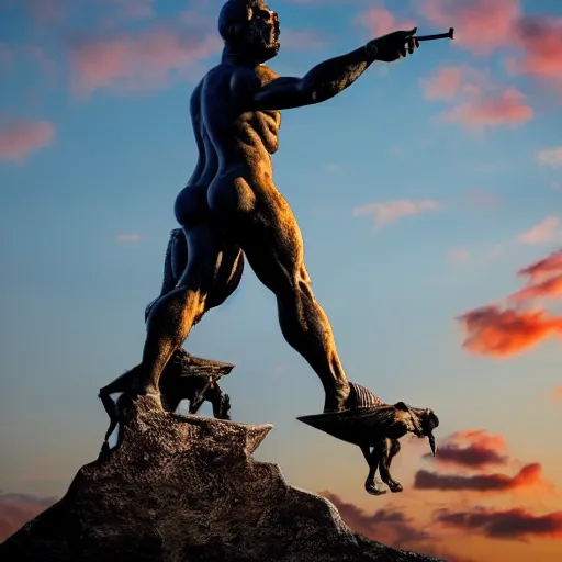 Prompt: sculpture of moloch, digital art, classical art, sharp focus, clear sky, muscular bull headed man, tropical sunset