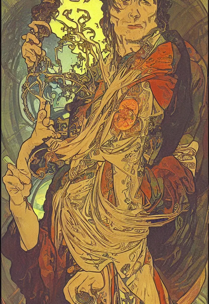 Image similar to Jurgen Schmidhuber on a tarot card, tarot in art style by Alphonse Mucha