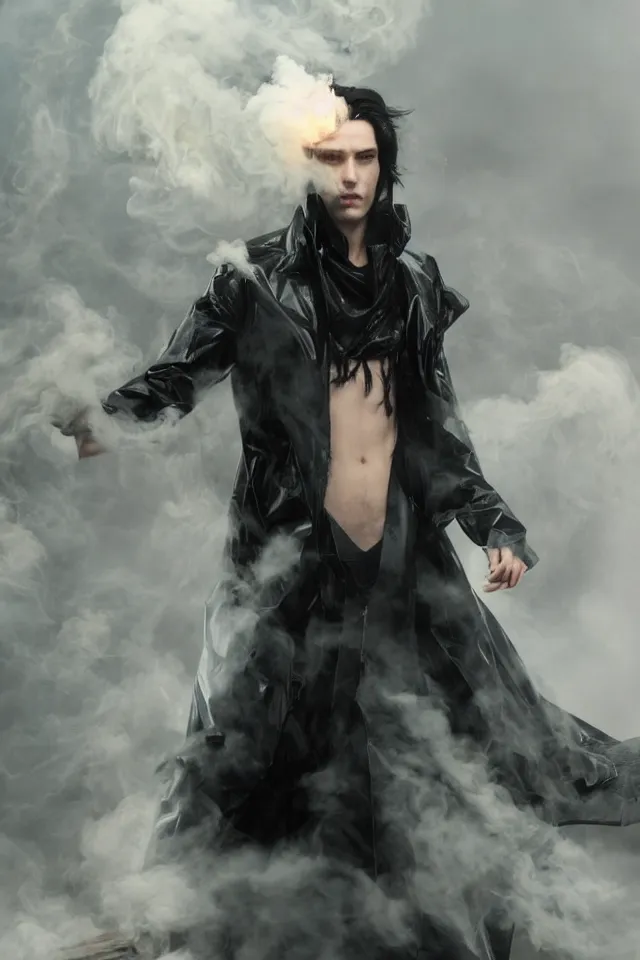 Prompt: a man with pale skin and long-black hair, latex suit and raincoat, floating in smoke, in the style of ruan jia