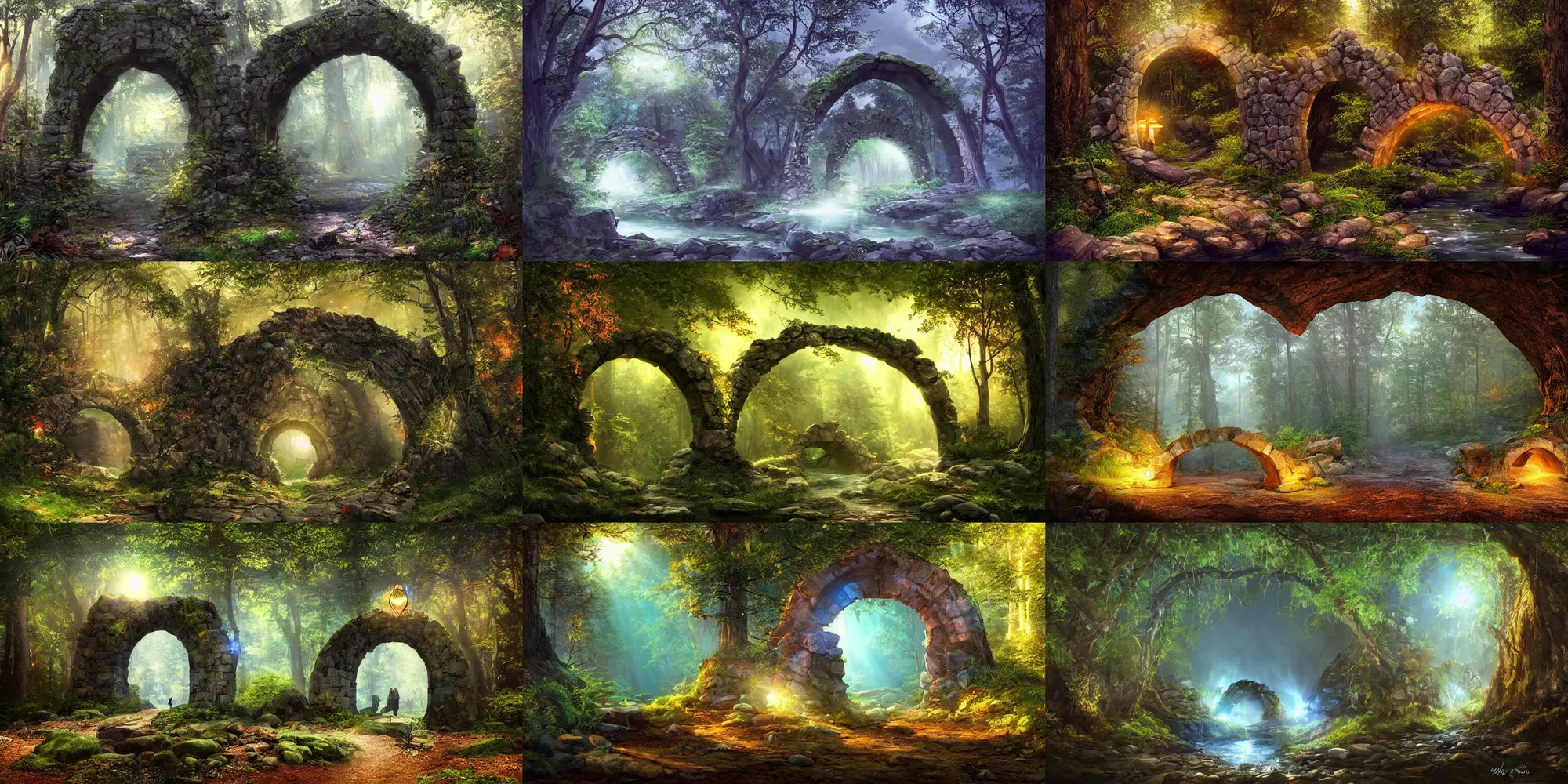 Prompt: Stone arch in the forest with a glowing magic portal in the center of it, Artgerm