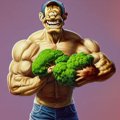 Prompt: a masterpiece of popeye with huge biceps holding a broccoli. very detailed eyes. intricate, elegant, highly detailed. trending on artstation, digital art, by stanley artgerm lau, wlop, rossdraws, james jean, andrei riabovitchev, marc simonetti, yoshitaka amano