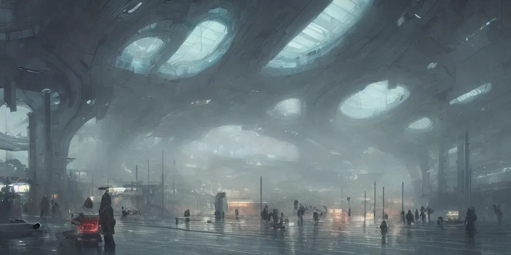 Image similar to futuristic train station by greg rutkowski and ruan jia, washed colors, dark, moody, gloomy, foggy,