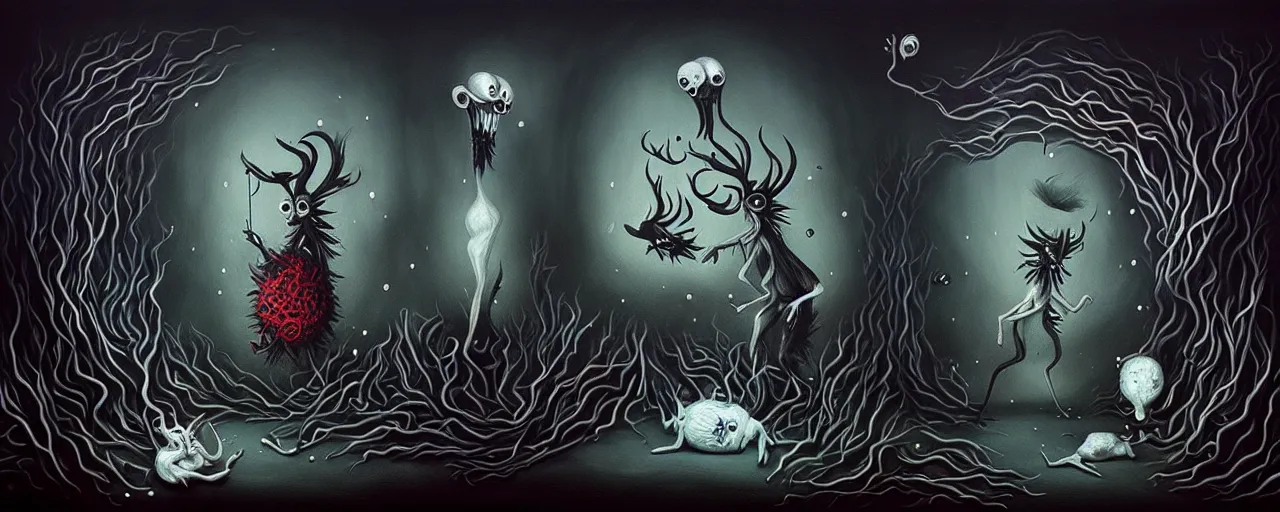 Image similar to whimsical alchemical creatures, surreal dark uncanny painting by ronny khalil