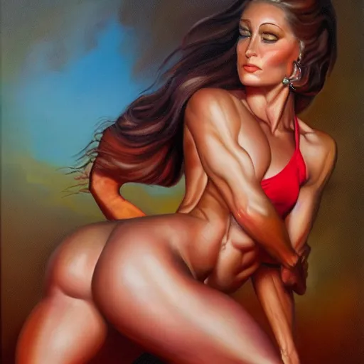 Prompt: fitness model kristen nun as painted by boris vallejo and julie bell, oil on canvas