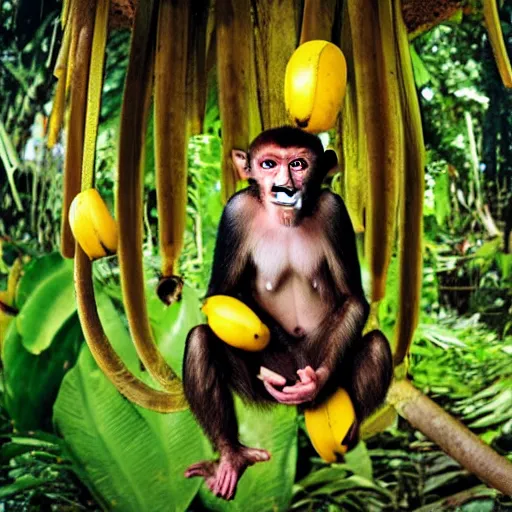 Image similar to multicolor photo of monkey juggling bananas at the jungle by steve mccurry in 4 k ultra high resolution and with dutch angle, with funny feeling