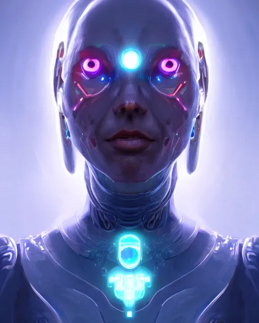 Image similar to benevolent android necromancer, aura of light, artificial intelligence, kind face, perfect, scifi, futuristic, highly detailed, trending on artstation, advanced technology, art by vitaly bulgarov