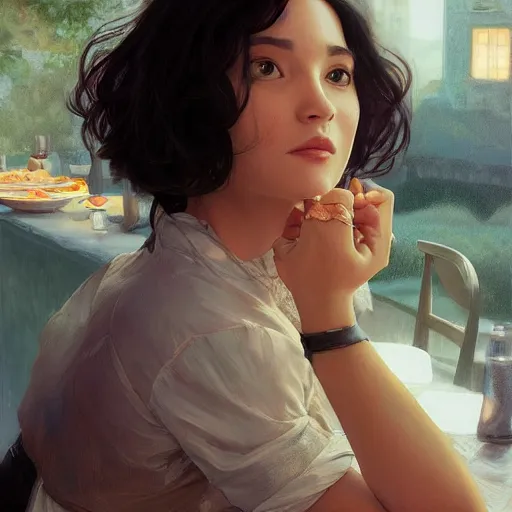 Image similar to a dinner date with the girl next door, slice of life, varying ethnicities, modern, realistic, looking at the camera, enjoying life!!! elegant, highly detailed, digital painting, artstation, concept art, matte, sharp focus, illustration, art by artgerm and greg rutkowski and alphonse mucha