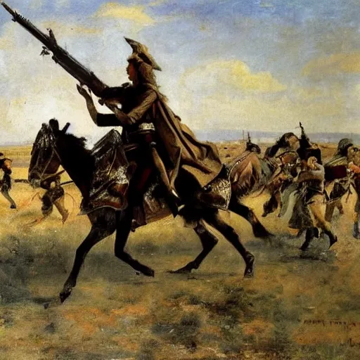 Image similar to action heroine leading an army by foot, by alfred stevens