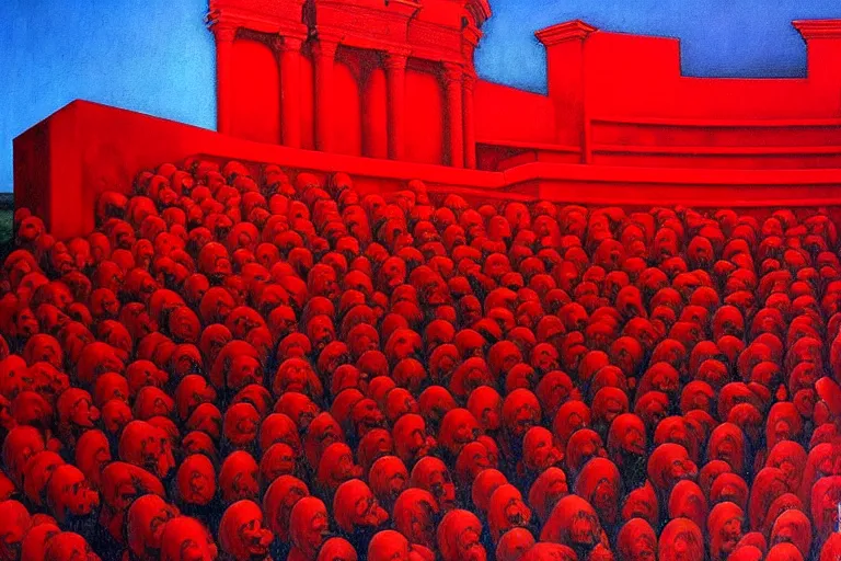 Image similar to only with red, a red great emperor, taormina amphitheatre, expressive crowd with big smile, in the style of beksinski, parts by edward hopper, parts by rodcenko, parts by yue minjun, intricate and epic composition, red by caravaggio, insanely quality, highly detailed, masterpiece, red light, artstation, 4 k