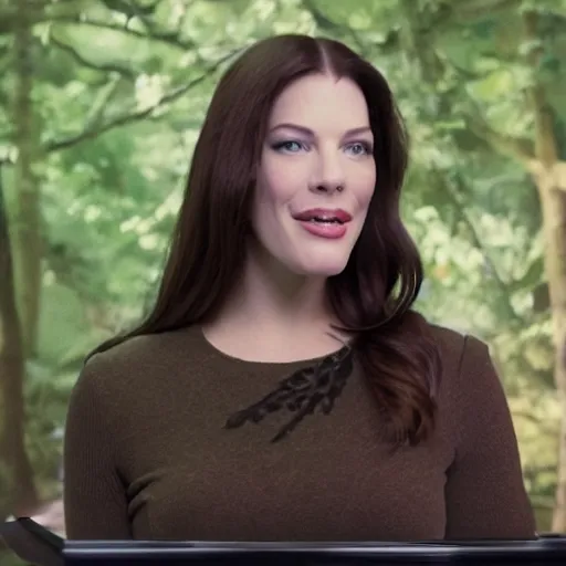 Image similar to stunning live footage of news anchorwoman liv tyler reporting from lothlorien interviewing arwen, lord of the rings movie, by daniella zalcman, directed by peter jackson, highly detailed, canon eos r 3, f / 1. 4, iso 2 0 0, 1 / 1 6 0 s, 8 k, raw, symmetrical balance