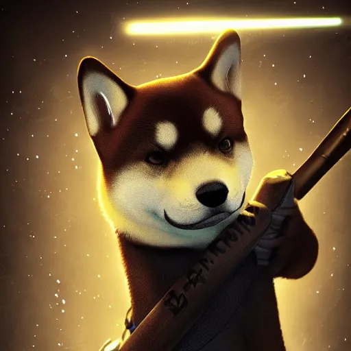 Image similar to shiba inu holding a baseball bat, wearing a police uniform character design, highly detailed digital art, atmosphere, glow, lens flare, cinematic lightning, hyperrealistic, focused, extreme details, 4 k, ultra detailed, trending on artstation, masterpiece, digital art.