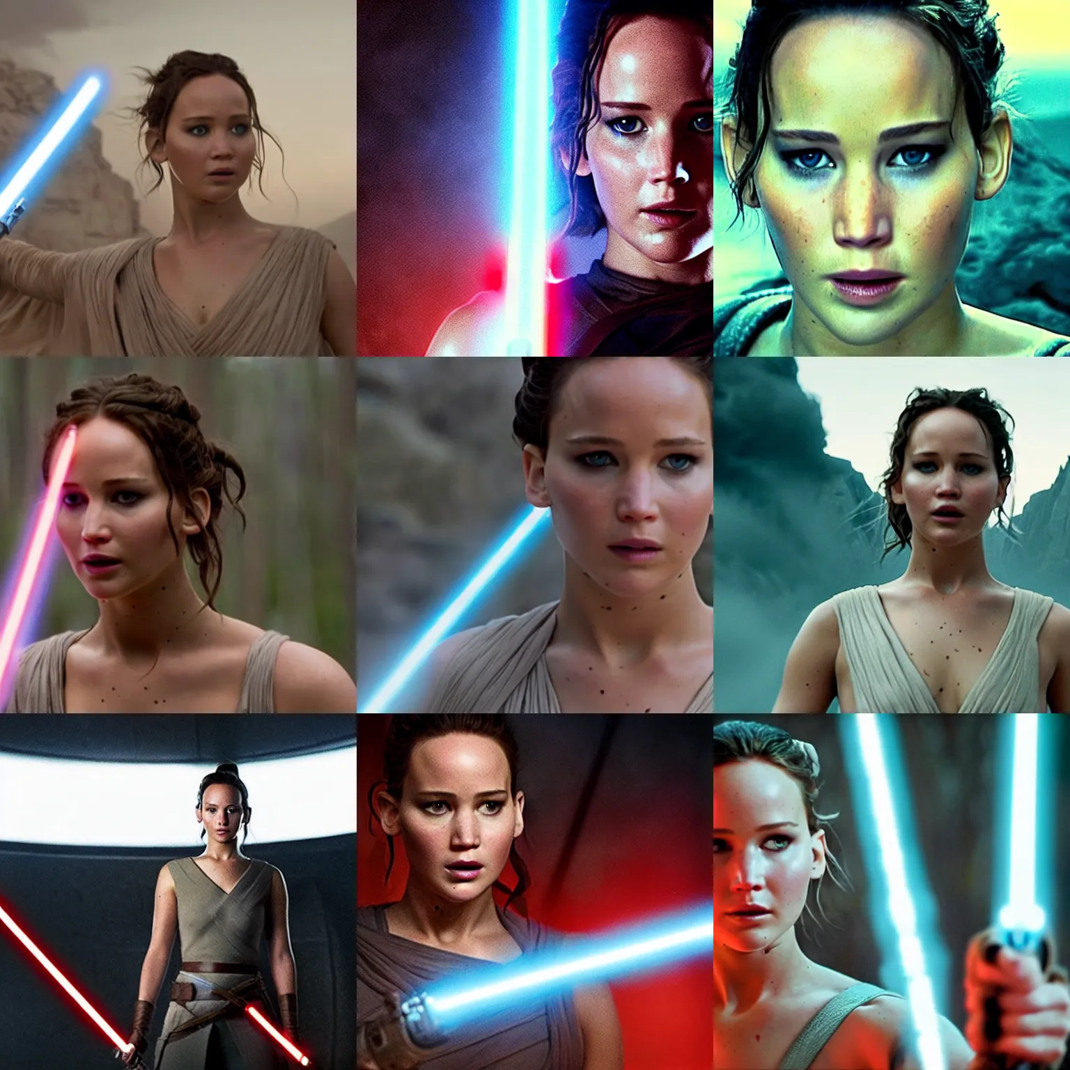 Prompt: Jennifer Lawrence as Rey, holding a lightsaber, headshot, film still from 'Star Wars: The Last Jedi'
