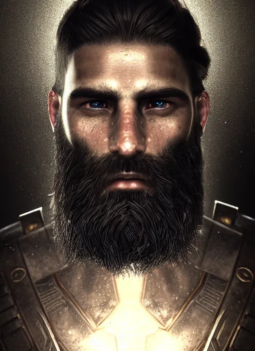 Prompt: portrait of a spartan hoplite hero, long dark hair and beard, perfect facial symmetry + dim volumetric lighting, 8k octane beautifully detailed render, post-processing, extremely hyperdetailed, intricate, epic composition, grim yet sparkling atmosphere, cinematic lighting + masterpiece, trending on artstation