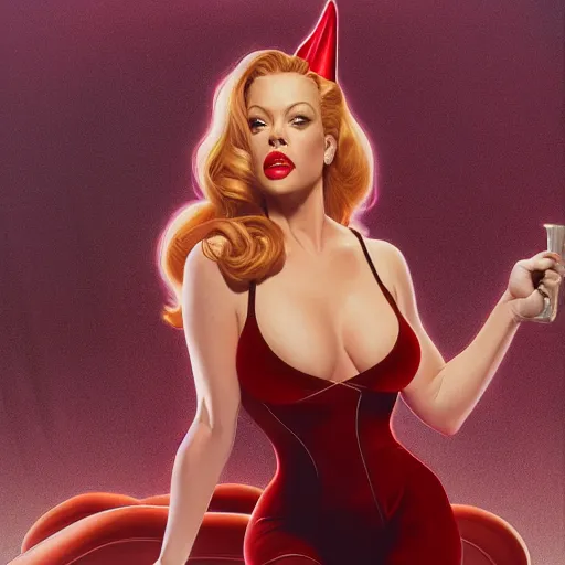 Prompt: Jeri Ryan as Jessica Rabbit singing in a lounge, intricate, cinematic lighting, highly detailed, digital painting, artstation, concept art, smooth, sharp focus, illustration, art by Artgerm and Greg Rutkowski and Alphonse Mucha