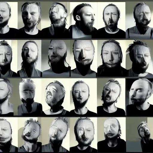 Image similar to versions collage, hyper realistic, many variations of thom yorke, very old, face variations, various emotions, various poses, high quality, brush stroke