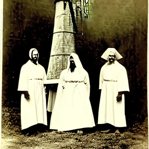 Image similar to an 1800s photo of a windmill. Cult worshippers in robes.