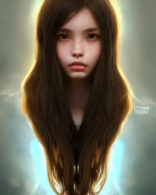 Image similar to 1 5 - year old girl with lush frizzy untamable brown hair, large front teeth, and bright piercing brown eyes, hyper realistic face, beautiful eyes, character art, art by artgerm lau and wlop and and ilya kuvshinov and john singer sargent, hyperdetailed, cryengine, trending on artstation, digital art