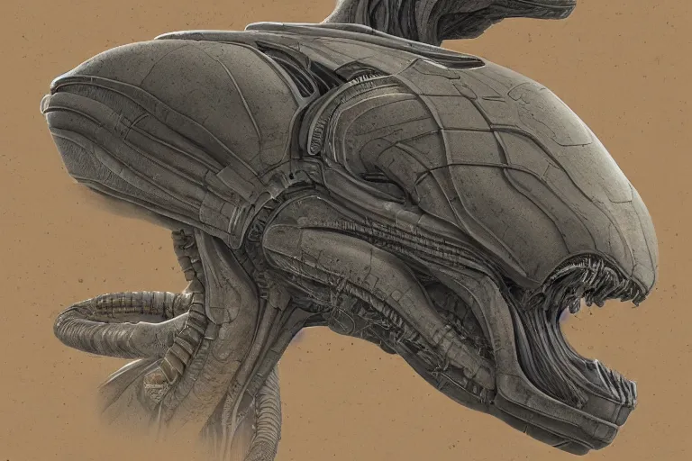 Image similar to Blueprint of alien boss, book, page, biology, detailed, artstation, cgsociety, Ralph McQuarrie and Greg Rutkowski