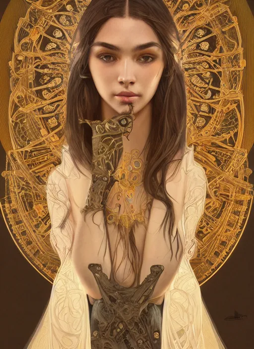 Prompt: symmetry!! madison beer, machine parts embedded into face, intricate, elegant, highly detailed, digital painting, artstation, concept art, smooth, sharp focus, illustration, art by artgerm and greg rutkowski and alphonse mucha, 8 k