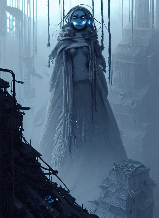 Prompt: highly detailed portrait of a frostpunk long blonde hair lady tribal lady, stray wiring by atey ghailan, james gilleard, by joe fenton, by greg rutkowski, by greg tocchini, by kaethe butcher, 4 k resolution, gradient blue, black and white color scheme!!! ( ( glaciated robotic dystopian city background ) )