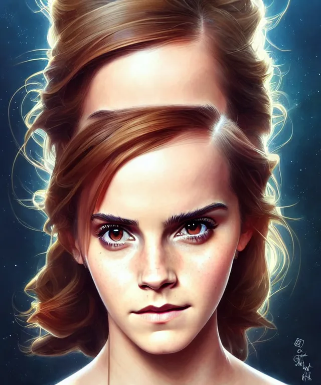 Image similar to Emma Watson as a pikchu, sci-fi, amber eyes, face, long hair, fantasy, intricate, elegant, highly detailed, digital painting, artstation, concept art, smooth, sharp focus, illustration, art by artgerm and greg rutkowski and alphonse mucha