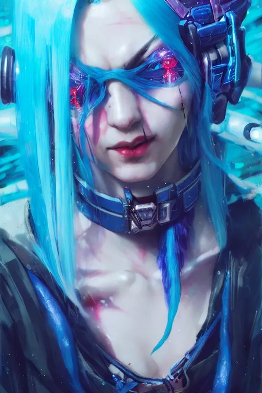 Prompt: jinx from league of legends, cyberpunk futuristic neon. long blue hair, decorated with traditional japanese ornaments by ismail inceoglu dragan bibin hans thoma greg rutkowski alexandros pyromallis nekro rene maritte illustrated, perfect face, fine details, realistic shaded, fine - face, pretty face