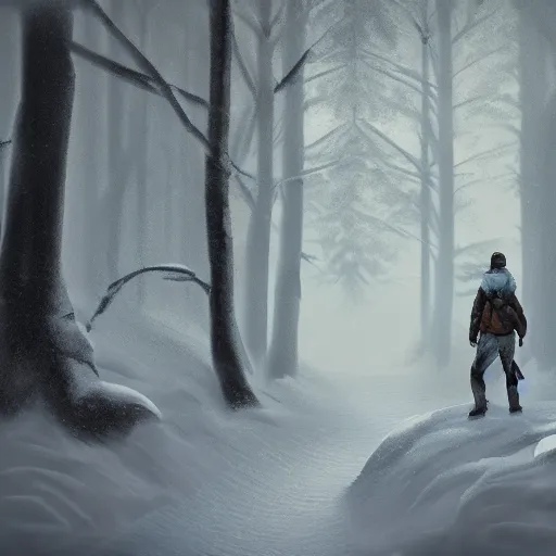 Prompt: A lone adventurer in a snowy forest, digital painting, concept art, 3d with depth of field, sharp focus, 8k, by Barret Frymire