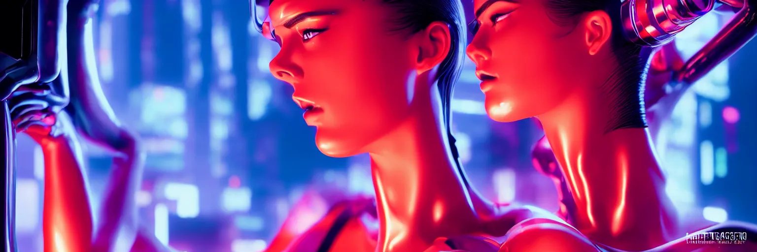 Prompt: 2 0 0 mm lens photography of a few female humanoid cropped tight portrait, shallow depth of field, cyberpunk high fashion, elegant profile pose, cyber neon lighting, retro futurism, retro futuristic glossy latex bikini, bokeh background, hyper photorealistic, crispy quality, digital photography, art by pascal blanche, art by artgerm, art by greg rutkowski,