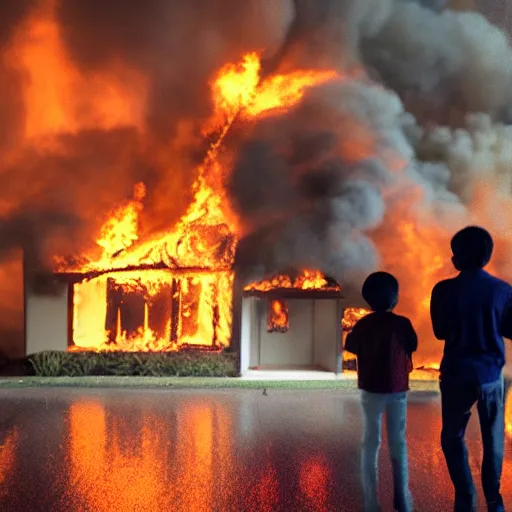 Prompt: cinematography of a family watching their house on fire